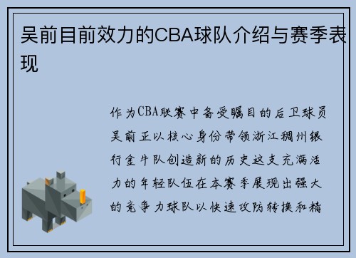 吴前目前效力的CBA球队介绍与赛季表现